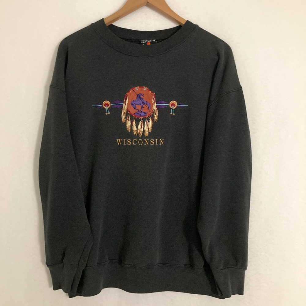 Vtg Wisconsin USA Made Sweatshirt XL Embroidered Destination Horse Indian Tribal